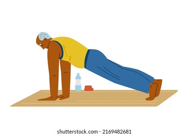 African american senior man doing exercises on the mat flat vector illustration. Elderly man doing plank.