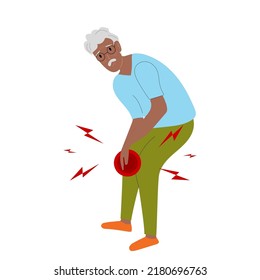 African American Senior Man Have Knee Pain, Leg Pain In Flat Design On White Background. Guy Use Hand Touching On Leg And Massage To Relax His Muscle. Vector Illustration.