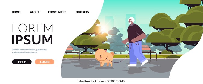 African American Senior Man Walking In Park With His Little Dog Grandfather Relaxing With Pet Cityscape Background