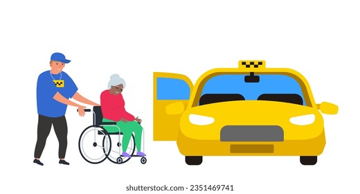 african american senior woman in wheelchair and taxi driver helps her disabled people transportation vector illustration