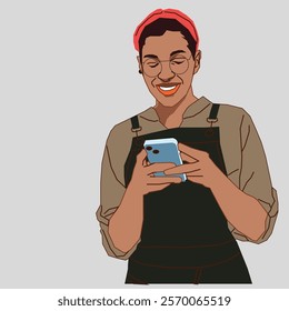 An African American shop owner in casual yet professional attire, standing behind the counter of her shop, attentively checking her phone for incoming orders.