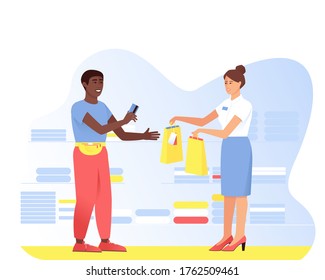 An African American is shopping at a shop assistant. A man pays with a card for a purchase. Seller hands paper bags to buyer. Vector cartoon flat illustration.