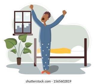 African American sleeps in bed and wakes up and yawns. The sun shines brightly through the window. Rest in the bedroom and Wake up in the morning. Start of working day, everyday life, daily activity.