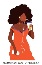 African American Slender Young Woman With Curly Black Hair Wears Red Dress, Drinks A Smoothy Fruit Drink With Straw, Listens To Music With Earphones Connected To Her Mobile - Flat Vector Illustration