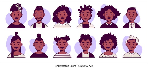 African American smiling faces, Colored hand drawn vector avatars of young men and women with different hairstyles and outfits. Avatar flat design icons. People icons. Isolated on white background