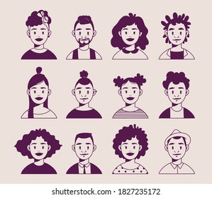 African American smiling faces, linear art, modern young African American minimalistic avatars. Hand drawn vector illustration with cartoon people faces in modern style. Isolated on light background