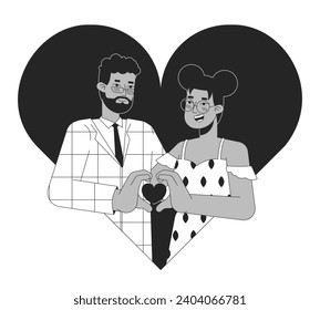 Afroamerican soulmates 14 de febrero concepto de ilustración 2D en blanco y negro. Las caricaturas amorosas de San Valentín esbozan personajes aislados en blanco. Sentimientos románticos metáfora de arte vectorial monocromo