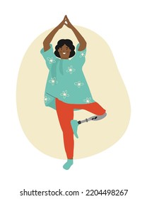 African american special woman doing Yoga. People with Disabilities, Prosthesis, amputation, inclusion. Vector illustration.