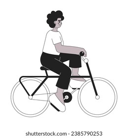 African american sport girl on bicycle monochromatic flat vector character. Fast moving. Editable thin line full body person on white. Simple bw cartoon spot image for web graphic design