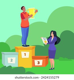 African American sportsman with gold championship cup on winner podium vector illustration. Female  judge presenting gold medal to sportsman. Competition, success, sport, victory concept