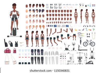 African American sportswoman or female athlete DIY or animation kit. Set of slim girl's body parts, sports apparel, gym exercise machines isolated on white background. Cartoon vector illustration.