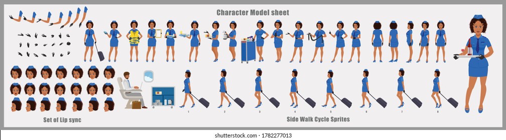 African American Stewardess Character Design Model Sheet with walk cycle animation. Girl Character design. Front, side, back view and explainer animation poses. Character set and lip sync. 