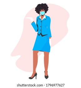 african american stewardess in uniform wearing face mask to prevent coronavirus pandemic covid-19 quarantine concept full length vector illustration