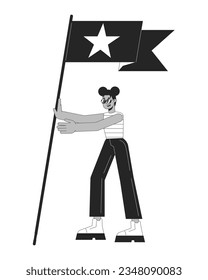 African american streetwear girl with flag flat line black white vector character. Editable outline full body person. Fangirling simple cartoon isolated spot illustration for web graphic design