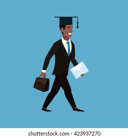 African American student. Cartoon graduate. African American graduate in an academic cap with a tassel. Joyful student graduate with a briefcase and a folder in hands. Happy graduate. Vector.