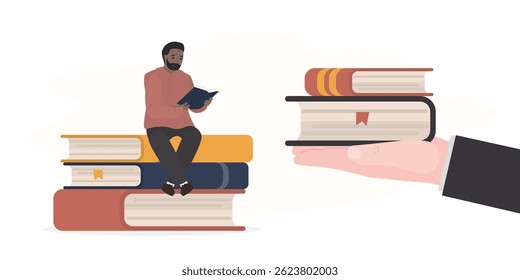 African american student reading textbooks. Time to read and study, concept. Smart man enjoying good book, learning. Businessman or teacher hand give stack of various books. Education, time management