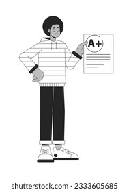 African american student show blank with mark flat line black white vector character. Editable outline full body education character on white. Simple cartoon spot illustration for web graphic design