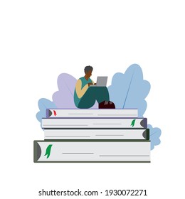 African american student typing on laptop. African schoolboy doing homework on the computer. Flat vector illustration on white background