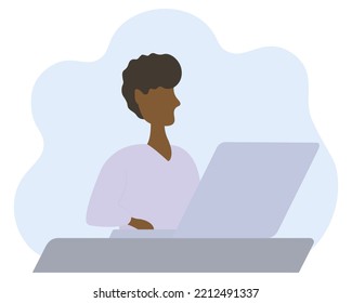 African American student working on a laptop. Color vector illustration. A young man sits at a table in front of an open laptop and presses the keys. Flat style. Isolated blue background. 