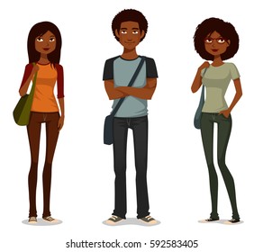 African American students in casual clothes. Young black people in street fashion. Cartoon character. Vector eps file.