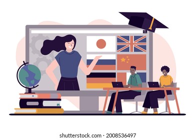 African American students learn different international languages. Black people sit and studying world languages. Distance learning foreign language. Online education, e-learning. Vector illustration