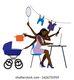 African American super mom, super woman, super housewife. A woman plans time and manages to do everything around the house. Child care, work via smartphone, cooking, household chores. Feminist