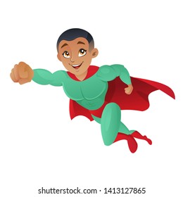 African american superhero man flying in the air isolated