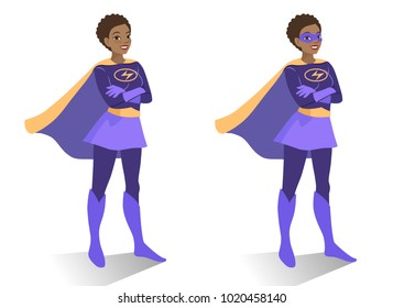  African American superhero woman in  costume and mask standing with crossed arms. Vector cartoon character illustration in flat contemporary style isolated on white background. Women activism concept