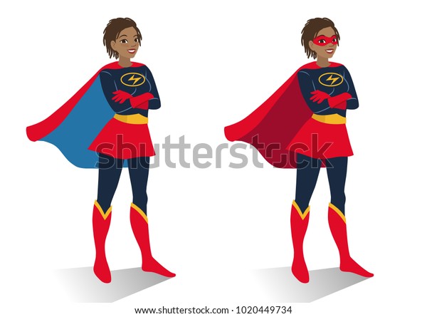 African American Superhero Woman In Costume And Mask Standing With
