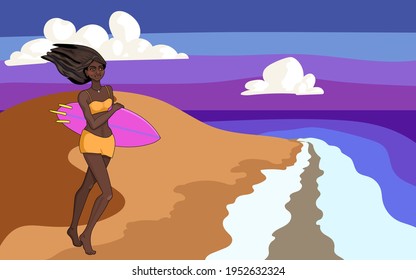 African american surfer girl on a tropical ocean shore. Beach summer evening. Beautiful black skin of a female surfer athlete. Sports and fun on a seaside. Extreme water sports with short board.