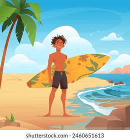 African american surfer guy standing on a beach and holding surfboard. Ocean and sky in the background. Mountains far away. Palm tree. Summer. Active lifestyle. Extreme sports. Vector illustration