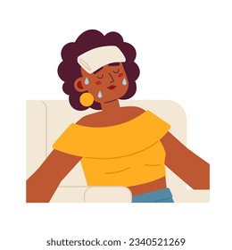 African american sweaty woman with wet towel semi flat color vector character. Heat stroke symptom. Editable half body person on white. Simple cartoon spot illustration for web graphic design