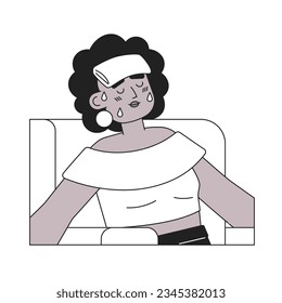 African american sweaty woman with wet towel monochromatic flat vector character. Heat stroke symptom. Editable thin line half body person on white. Simple bw cartoon spot image for web graphic design