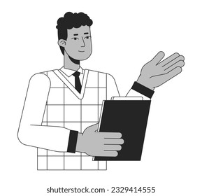 African american teacher holds book flat line black white vector character. Editable outline half body young adult man explains. Simple cartoon isolated spot illustration for web graphic design