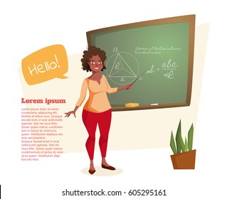 The African American teacher stands at the blackboard with mathematical formulas. African American woman in the style of cartoon teaches students. Ve?tor Illustration 