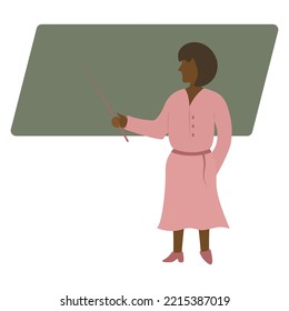 African American teacher teaches a lesson at school. A woman in a pink dress holds a pointer in her hand. Color vector illustration. School theme. Flat style. Isolated background. 