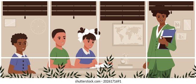 African American teacher woman in the class conducts a lesson for schoolchildren. Flat vector illustration of education