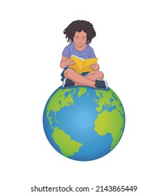 African American Teen Girl Sitting On Globe Reading Book Vector Illustration.