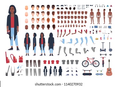 African American teenage boy constructor or animation set. Bundle of teenager or teen body parts, hand gestures, trendy clothes isolated on white background. Flat cartoon colorful vector illustration