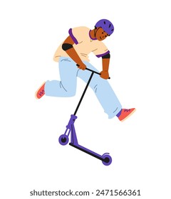 African American teenage boy making trick on stunt scooter flat vector illustration isolated on white.