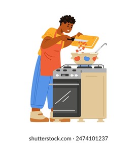 African American teenage boy making soup on a gas stove flat vector illustration isolated on white. Kid in apron putting vegetables in a pan.