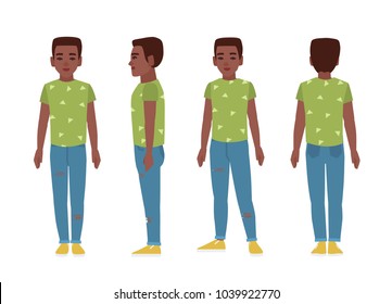 African american teenage boy or teenager wearing blue ragged jeans, green t-shirt and slip-ons. Flat cartoon character isolated on white background. Front, side and back views. Vector illustration.