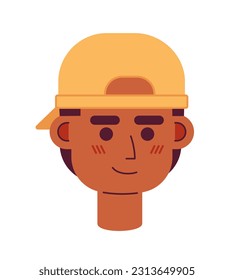 Adolescente afroamericano que usa una gorra de béisbol al revés de la cabeza de un vector semiplano. Icono de avatar de caricatura editable. Enfrentar la emoción. Ilustración de puntos coloridos para diseño gráfico web, animación