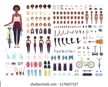 African American teenage girl animation kit or avatar. Bundle of teenager's body parts, postures, faces, haircuts, stylish clothes, gadgets isolated on white background. Cartoon vector illustration.