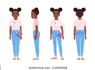 African American teenage girl or teenager wearing blue ragged jeans, pink t-shirt and sneakers. Flat cartoon character isolated on white background. Front, side and back views. Vector illustration