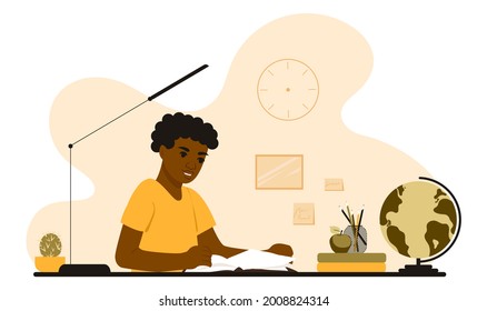 African American teenager schoolboy sits at the table and reads a book. Education concept, doing homework. Flat vector illustration