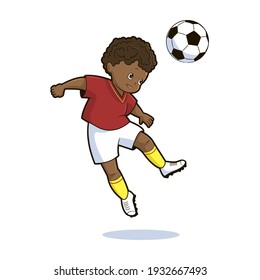 An African American teenager in the uniform of a football player kicks the ball in a jump. Vector illustration in cartoon style, black and white line art