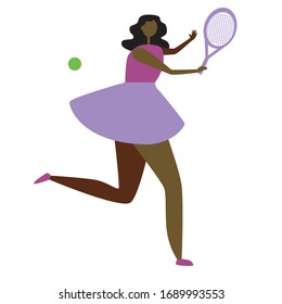 African American tennis player girl or woman in a skirt with curly hair and a ball as a concept of achievement of black people. Flat vector stock illustration with sport in scandinavian style