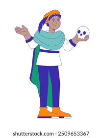 African american theatre kid 2D cartoon character. Young actor Shakespeare play. Black boy performing Hamlet holding skull isolated person flat vector on white background. Spot illustration colorful