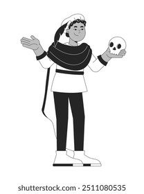 African american theatre kid black and white 2D line character. Young actor Shakespeare play. Black boy performing Hamlet holding skull isolated vector outline person. Monochromatic spot illustration